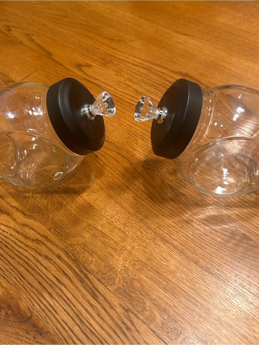Clear Glass Storage Canister Set with Black metal Lids and Crystal Knobs